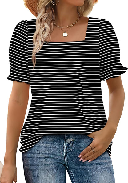 WIHOLL Tops for Women Summer Casual Ruffle Trim Sleeve Square Neck T Shirts - 7DAY'S
