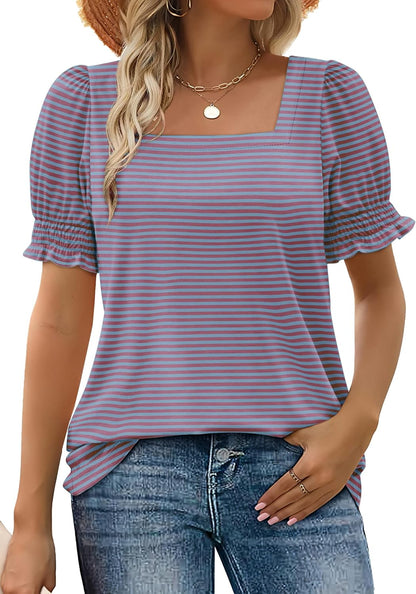 WIHOLL Tops for Women Summer Casual Ruffle Trim Sleeve Square Neck T Shirts - 7DAY'S