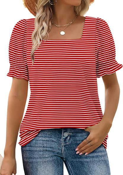WIHOLL Tops for Women Summer Casual Ruffle Trim Sleeve Square Neck T Shirts - 7DAY'S