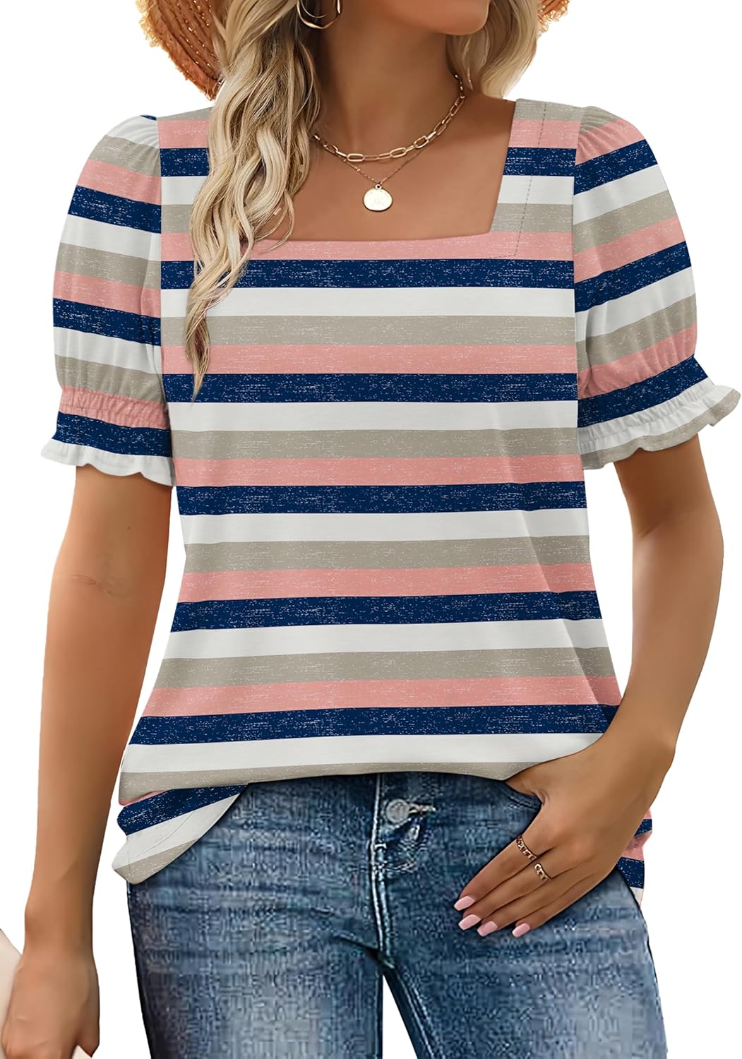 WIHOLL Tops for Women Summer Casual Ruffle Trim Sleeve Square Neck T Shirts - 7DAY'S