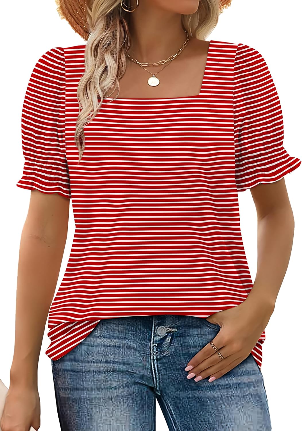 WIHOLL Tops for Women Summer Casual Ruffle Trim Sleeve Square Neck T Shirts - 7DAY'S