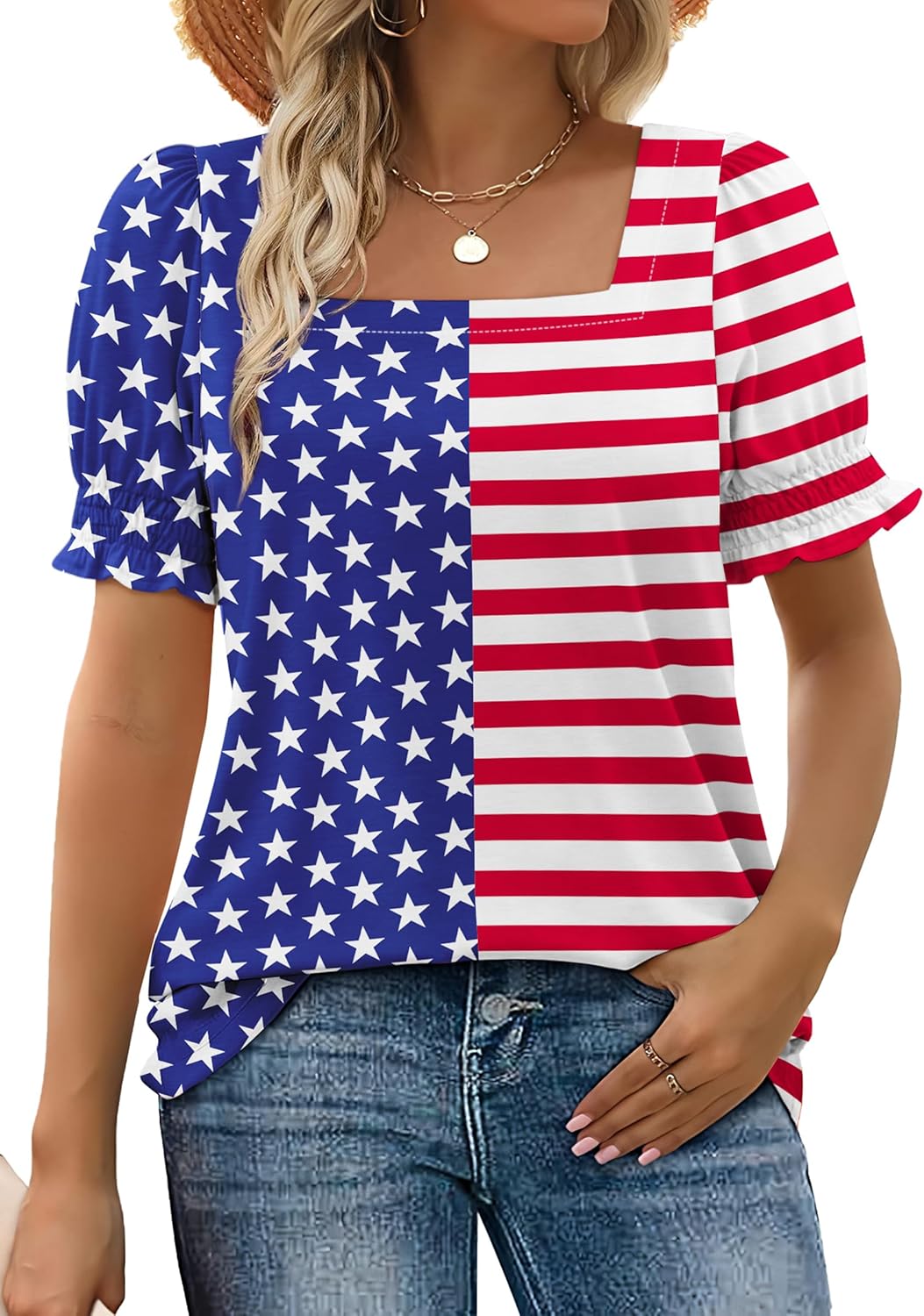 WIHOLL Tops for Women Summer Casual Ruffle Trim Sleeve Square Neck T Shirts - 7DAY'S
