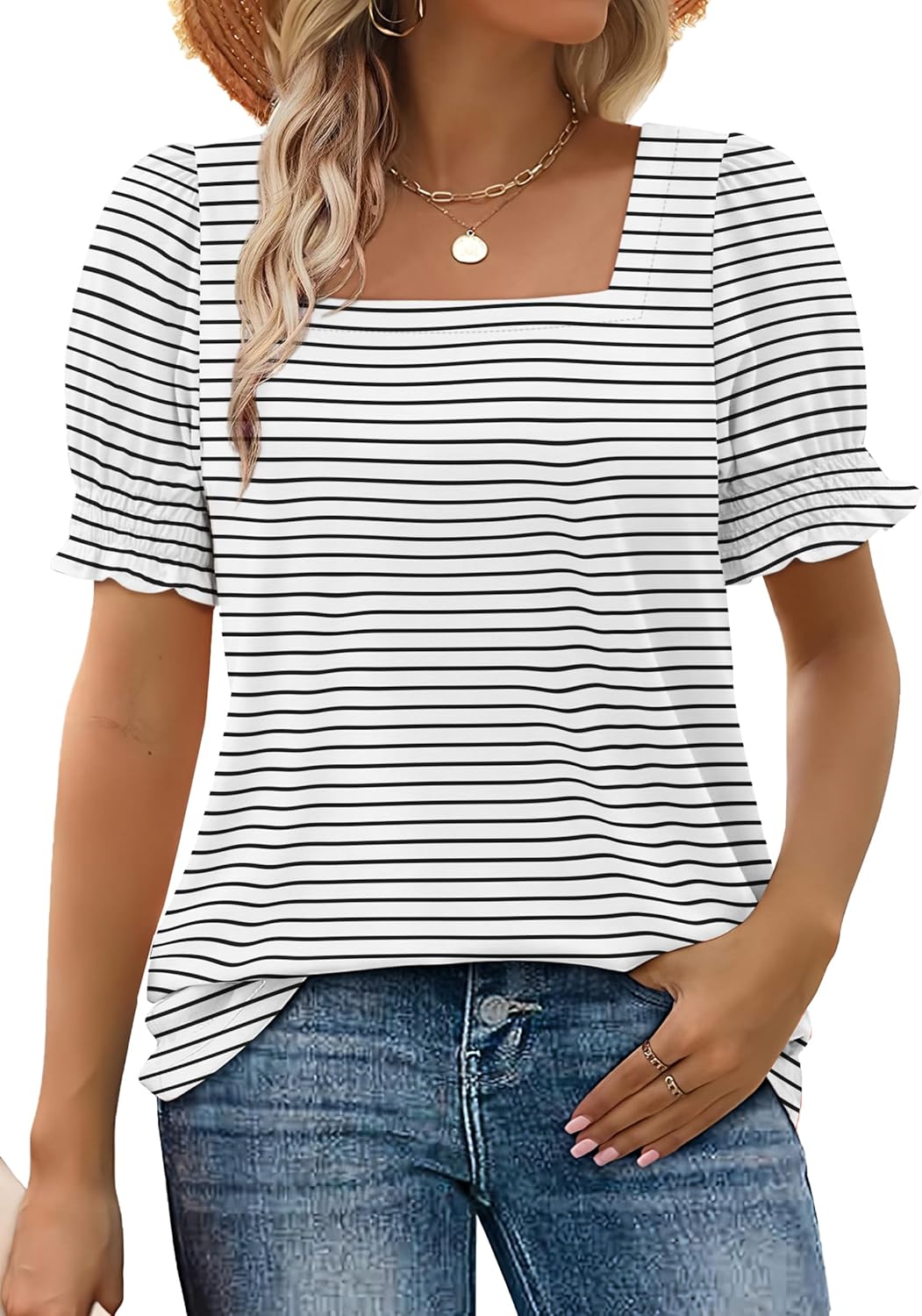 WIHOLL Tops for Women Summer Casual Ruffle Trim Sleeve Square Neck T Shirts - 7DAY'S