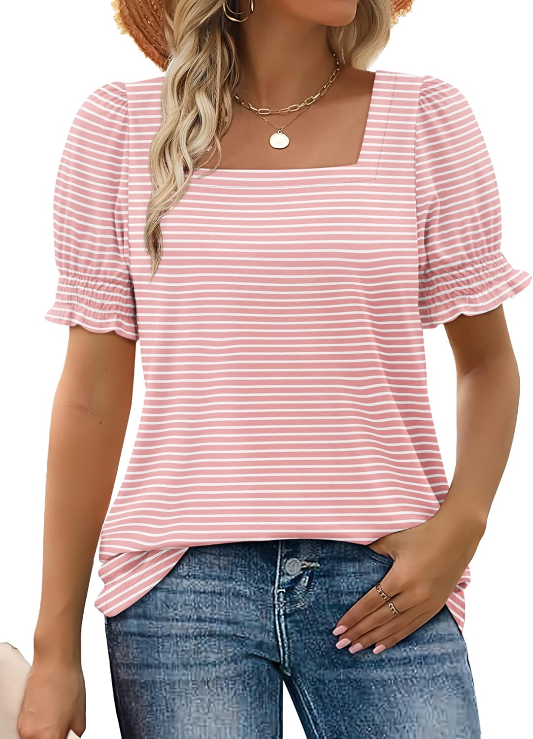 WIHOLL Tops for Women Summer Casual Ruffle Trim Sleeve Square Neck T Shirts - 7DAY'S