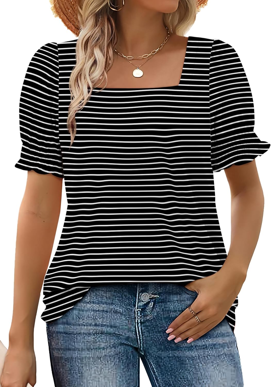 WIHOLL Tops for Women Summer Casual Ruffle Trim Sleeve Square Neck T Shirts - 7DAY'S