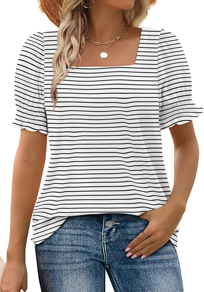WIHOLL Tops for Women Summer Casual Ruffle Trim Sleeve Square Neck T Shirts - 7DAY'S