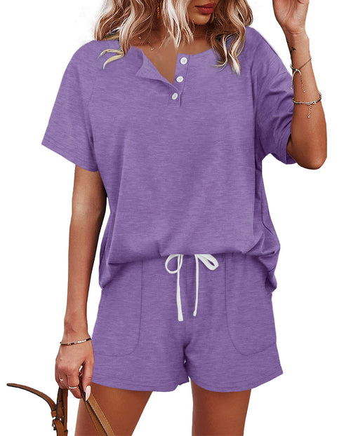 WIHOLL Two Piece Outfits for Women Lounge Sets Button Down Top and Shorts Set Sweatsuits with Pockets