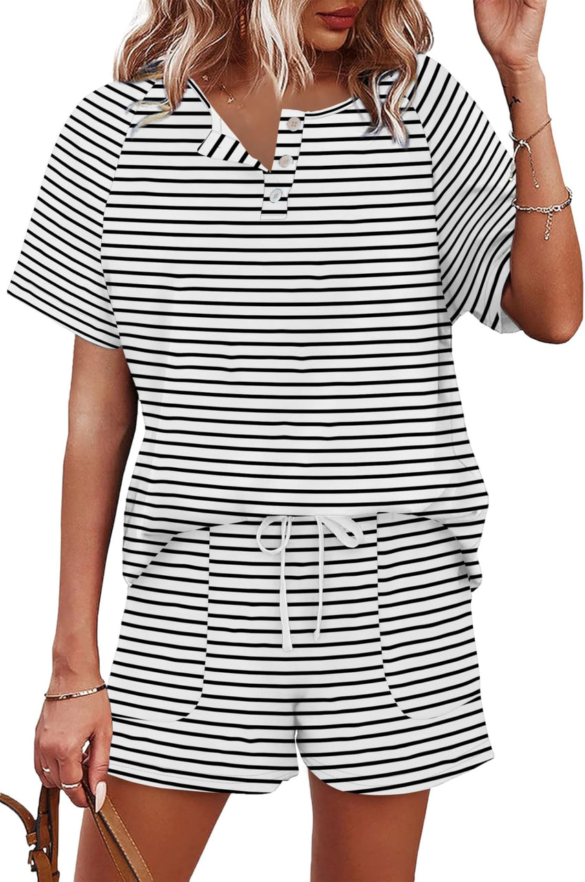 WIHOLL Two Piece Outfits for Women Lounge Sets Button Down Top and Shorts Set Sweatsuits with Pockets - 7DAY'S