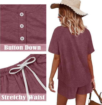 WIHOLL Two Piece Outfits for Women Lounge Sets Button Down Top and Shorts Set Sweatsuits with Pockets - 7DAY'S