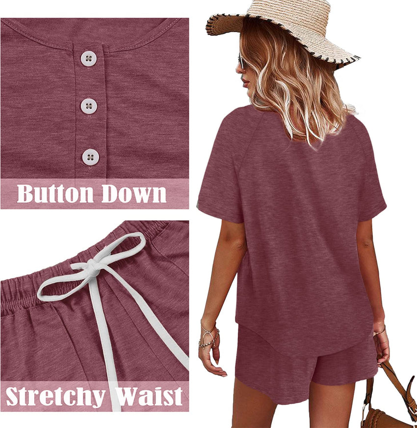 WIHOLL Two Piece Outfits for Women Lounge Sets Button Down Top and Shorts Set Sweatsuits with Pockets - 7DAY'S