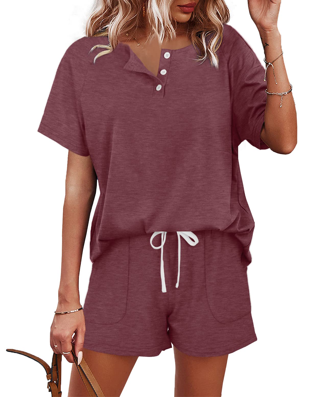 WIHOLL Two Piece Outfits for Women Lounge Sets Button Down Top and Shorts Set Sweatsuits with Pockets - 7DAY'S