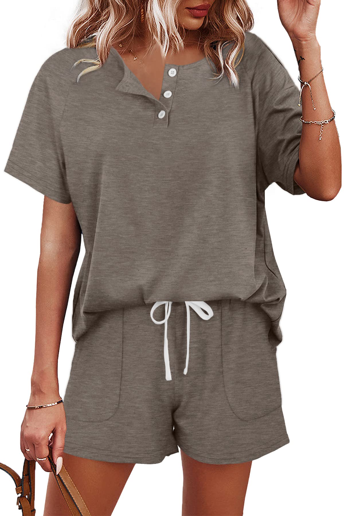 WIHOLL Two Piece Outfits for Women Lounge Sets Button Down Top and Shorts Set Sweatsuits with Pockets - 7DAY'S