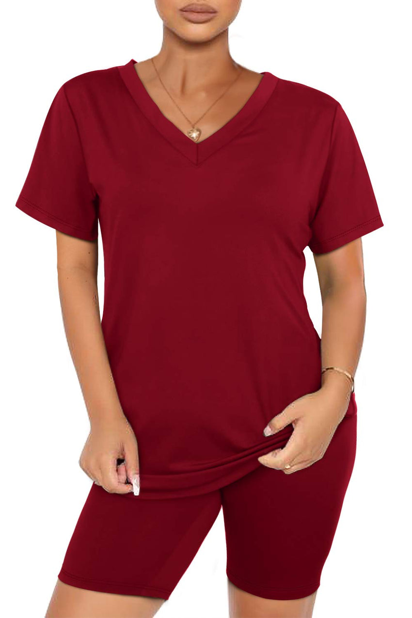 WIHOLL Two Piece Outfits for Women Short Sleeve V Neck Biker Shorts Set - 7DAY'S