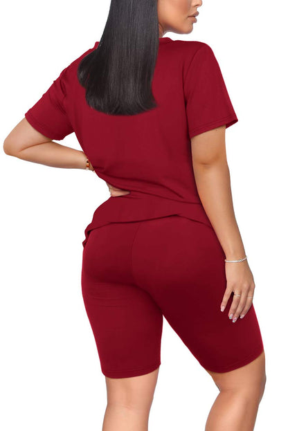 WIHOLL Two Piece Outfits for Women Short Sleeve V Neck Biker Shorts Set - 7DAY'S