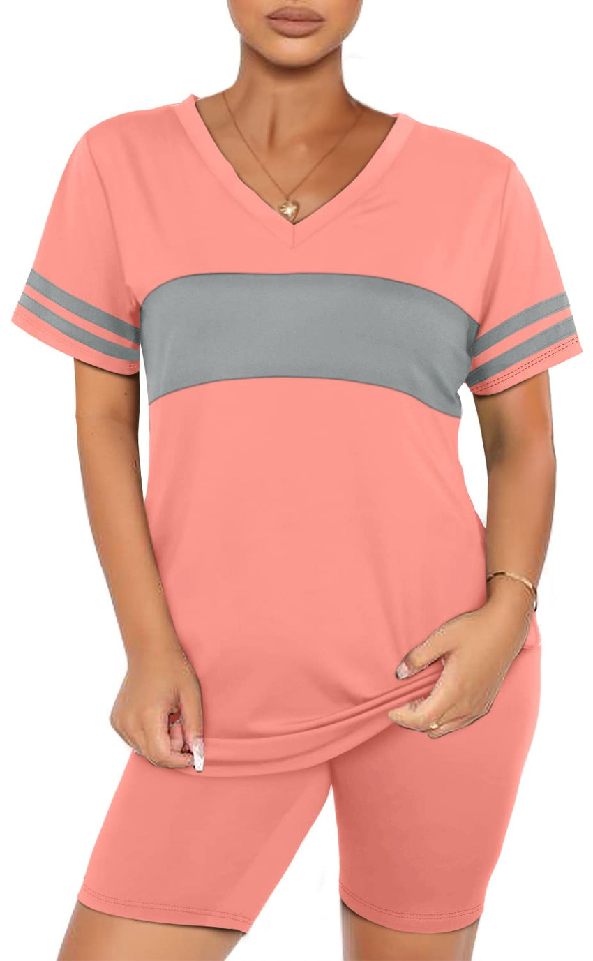 WIHOLL Two Piece Outfits for Women Short Sleeve V Neck Biker Shorts Set - 7DAY'S