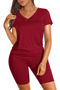 WIHOLL Two Piece Outfits for Women Short Sleeve V Neck Biker Shorts Set - 7DAY'S