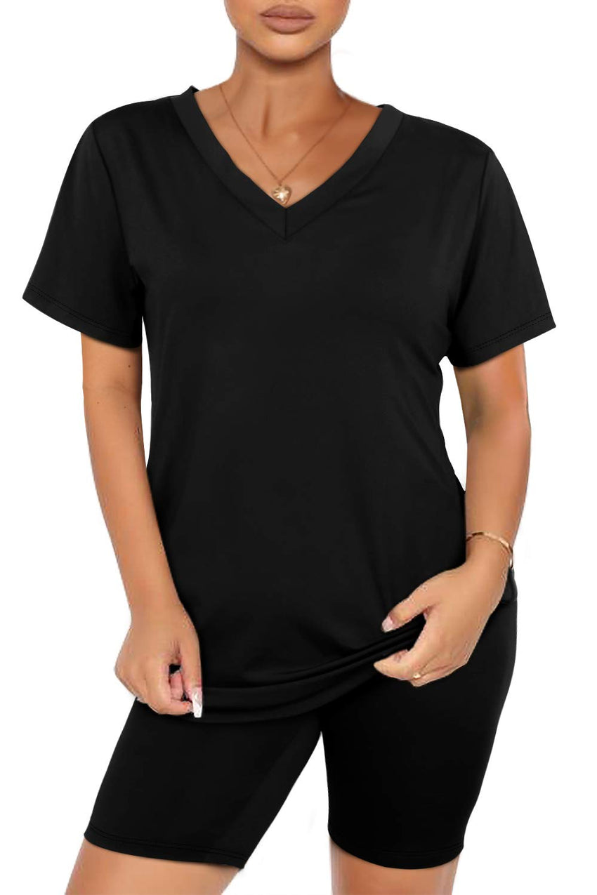 WIHOLL Two Piece Outfits for Women Short Sleeve V Neck Biker Shorts Set - 7DAY'S