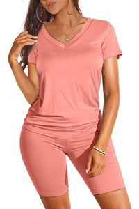 WIHOLL Two Piece Outfits for Women Short Sleeve V Neck Biker Shorts Set - 7DAY'S