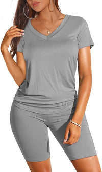 WIHOLL Two Piece Outfits for Women Short Sleeve V Neck Biker Shorts Set - 7DAY'S