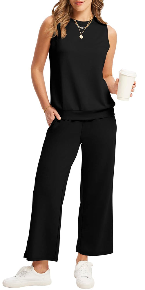 WIHOLL Two Piece Set for Women Summer Outfits Vacation Lounge Sets Round Neck Matching Sets Wide Leg Crop Pants - 7DAY'S