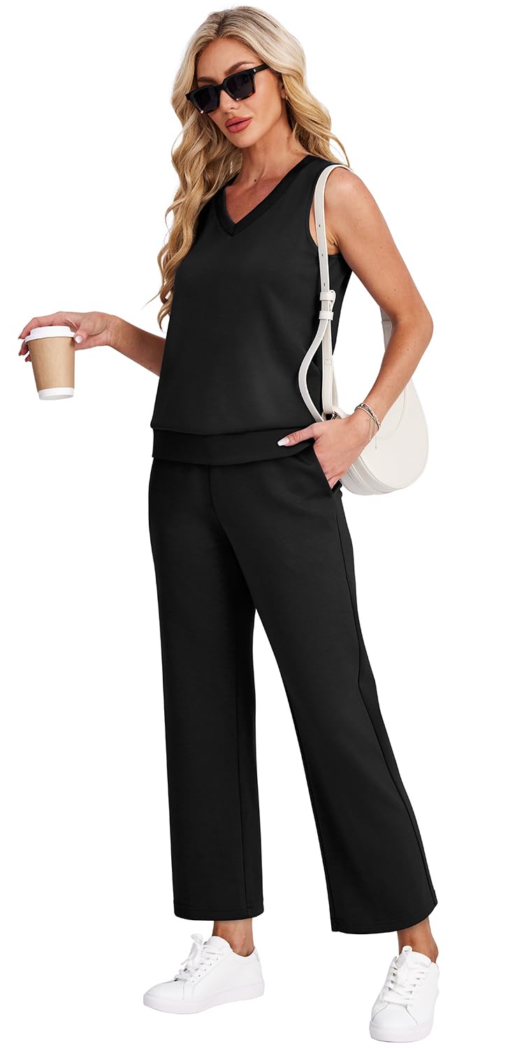 WIHOLL Two Piece Set for Women Summer Outfits Vacation Trendy Lounge Sets V Neck Matching Sets - 7DAY'S