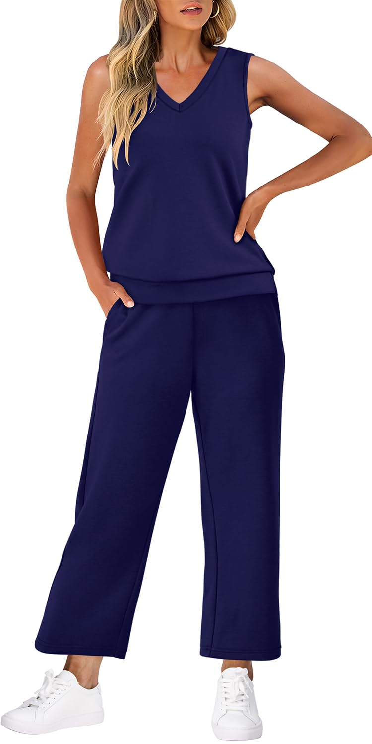 WIHOLL Two Piece Set for Women Summer Outfits Vacation Trendy Lounge Sets V Neck Matching Sets - 7DAY'S