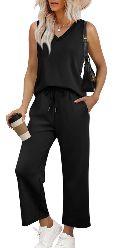 WIHOLL Two Piece Set for Women Summer Outfits Vacation Trendy Lounge Sets V Neck Matching Sets - 7DAY'S