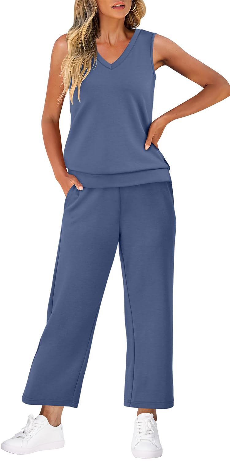 WIHOLL Two Piece Set for Women Summer Outfits Vacation Trendy Lounge Sets V Neck Matching Sets - 7DAY'S