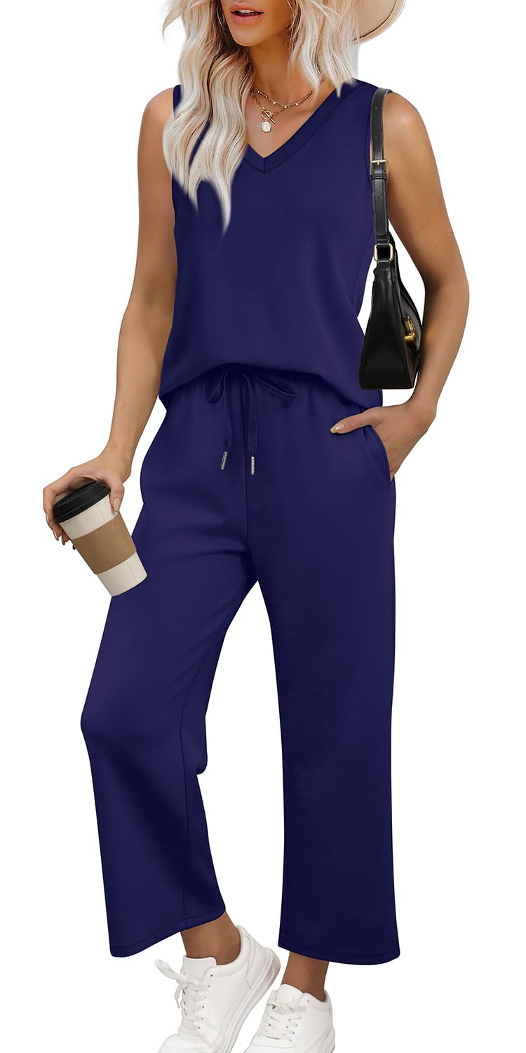 WIHOLL Two Piece Set for Women Summer Outfits Vacation Trendy Lounge Sets V Neck Matching Sets - 7DAY'S
