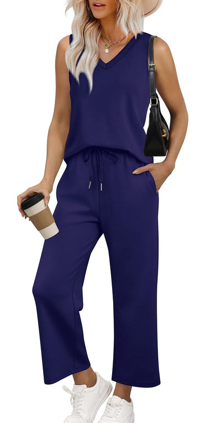 WIHOLL Two Piece Set for Women Summer Outfits Vacation Trendy Lounge Sets V Neck Matching Sets - 7DAY'S