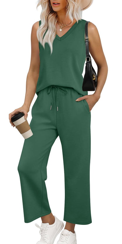 WIHOLL Two Piece Set for Women Summer Outfits Vacation Trendy Lounge Sets V Neck Matching Sets - 7DAY'S