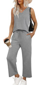 WIHOLL Two Piece Set for Women Summer Outfits Vacation Trendy Lounge Sets V Neck Matching Sets - 7DAY'S