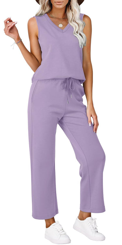 WIHOLL Two Piece Set for Women Summer Outfits Vacation Trendy Lounge Sets V Neck Matching Sets - 7DAY'S