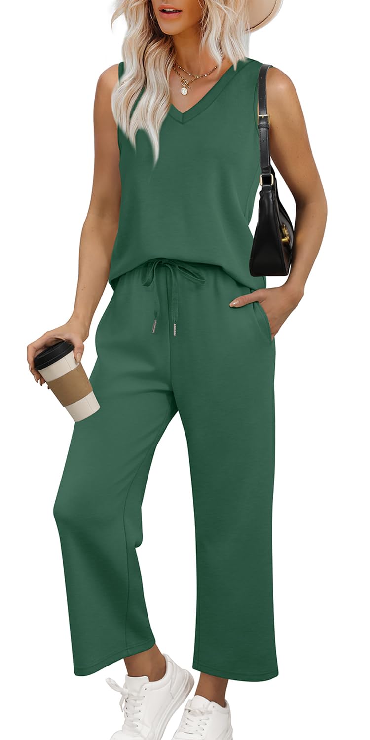 WIHOLL Two Piece Set for Women Summer Outfits Vacation Trendy Lounge Sets V Neck Matching Sets - 7DAY'S
