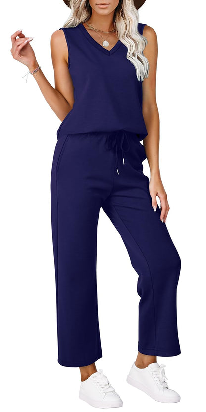WIHOLL Two Piece Set for Women Summer Outfits Vacation Trendy Lounge Sets V Neck Matching Sets - 7DAY'S