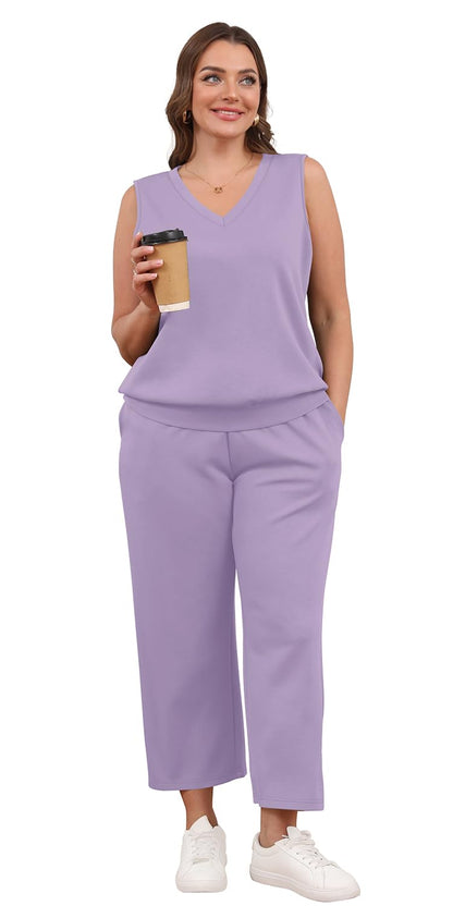 WIHOLL Two Piece Set for Women Summer Outfits Vacation Trendy Lounge Sets V Neck Matching Sets - 7DAY'S
