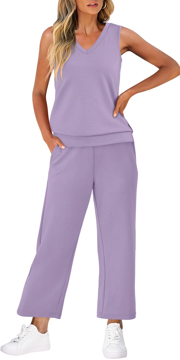 WIHOLL Two Piece Set for Women Summer Outfits Vacation Trendy Lounge Sets V Neck Matching Sets - 7DAY'S