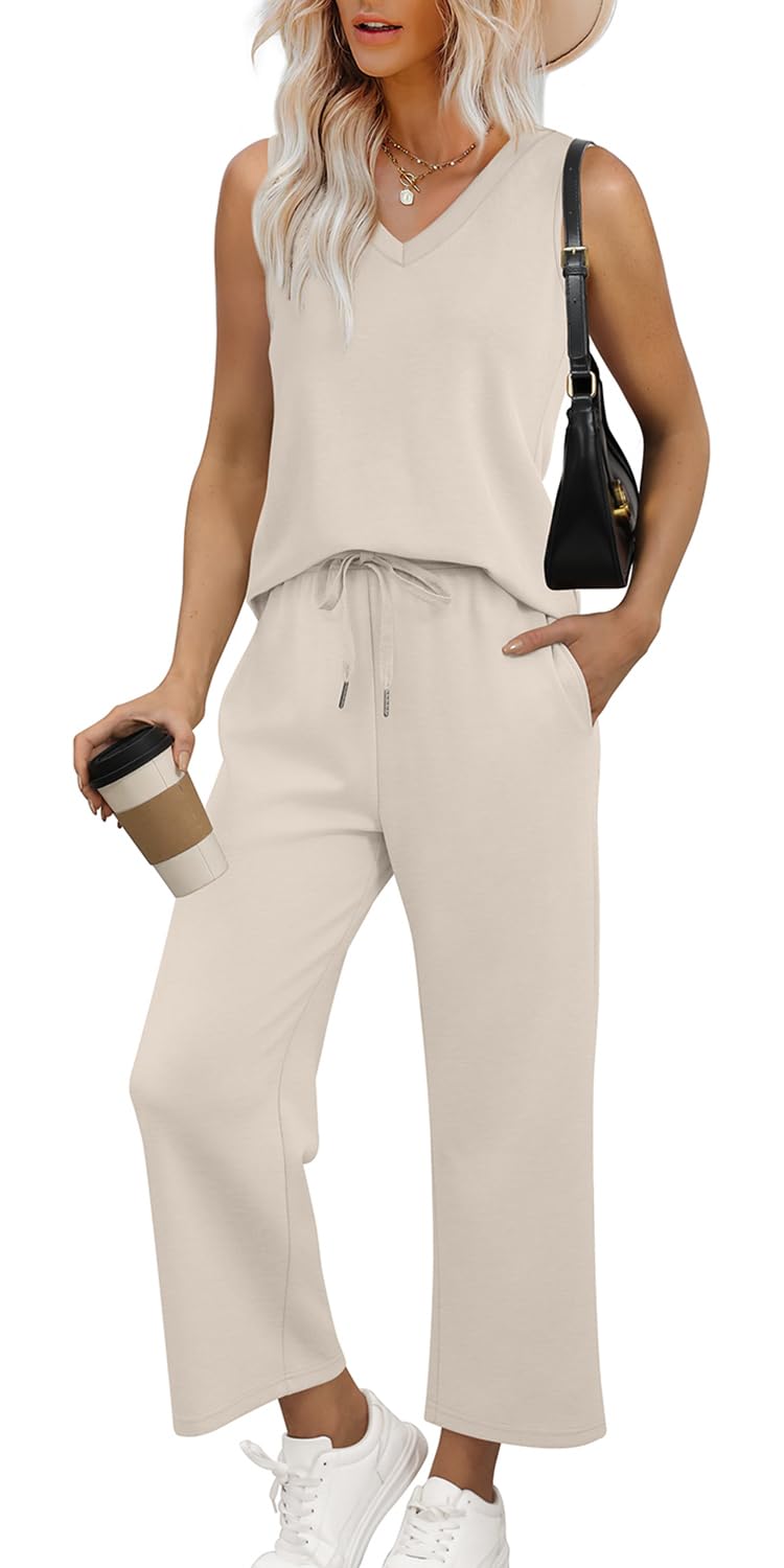 WIHOLL Two Piece Set for Women Summer Outfits Vacation Trendy Lounge Sets V Neck Matching Sets - 7DAY'S