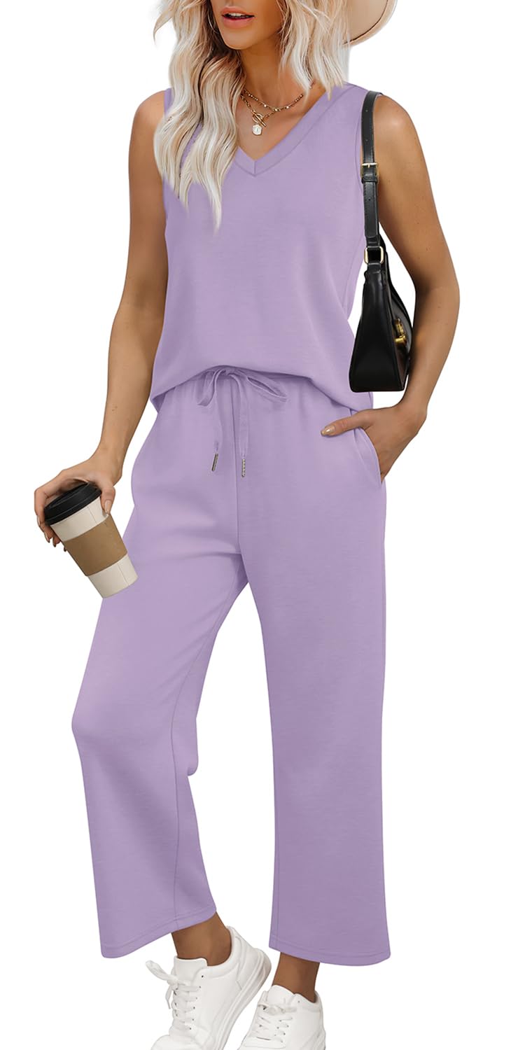 WIHOLL Two Piece Set for Women Summer Outfits Vacation Trendy Lounge Sets V Neck Matching Sets - 7DAY'S