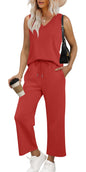 WIHOLL Two Piece Set for Women Summer Outfits Vacation Trendy Lounge Sets V Neck Matching Sets - 7DAY'S