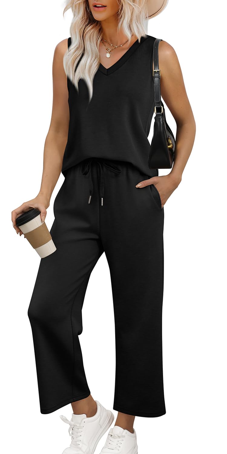 WIHOLL Two Piece Set for Women Summer Outfits Vacation Trendy Lounge Sets V Neck Matching Sets - 7DAY'S
