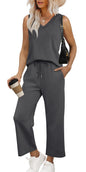 WIHOLL Two Piece Set for Women Summer Outfits Vacation Trendy Lounge Sets V Neck Matching Sets - 7DAY'S
