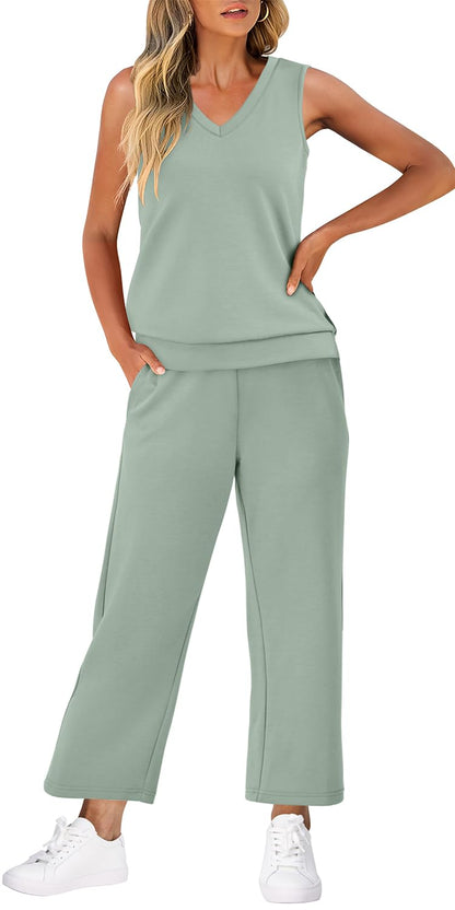 WIHOLL Two Piece Set for Women Summer Outfits Vacation Trendy Lounge Sets V Neck Matching Sets - 7DAY'S