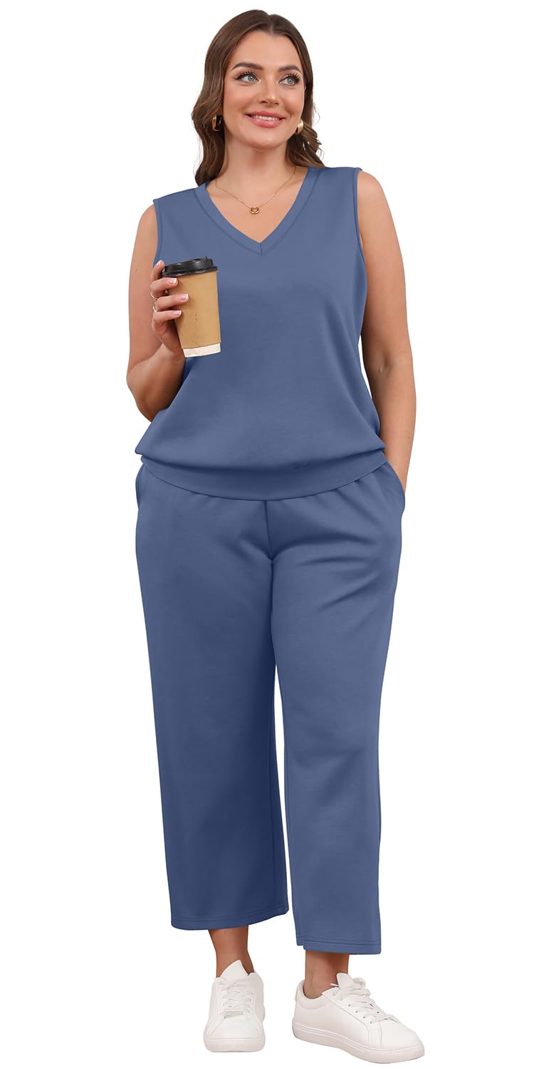 WIHOLL Two Piece Set for Women Summer Outfits Vacation Trendy Lounge Sets V Neck Matching Sets - 7DAY'S