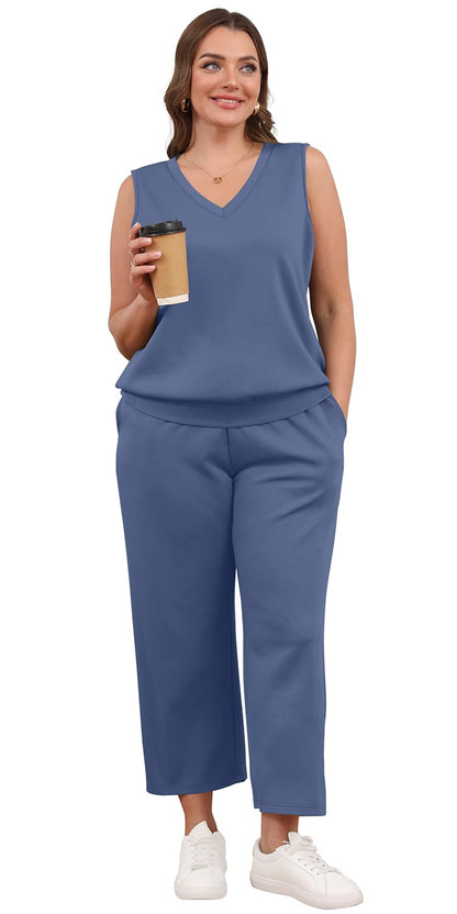 WIHOLL Two Piece Set for Women Summer Outfits Vacation Trendy Lounge Sets V Neck Matching Sets - 7DAY'S