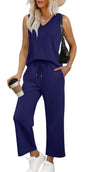 WIHOLL Two Piece Set for Women Summer Outfits Vacation Trendy Lounge Sets V Neck Matching Sets - 7DAY'S