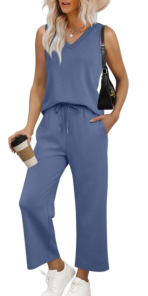 WIHOLL Two Piece Set for Women Summer Outfits Vacation Trendy Lounge Sets V Neck Matching Sets - 7DAY'S