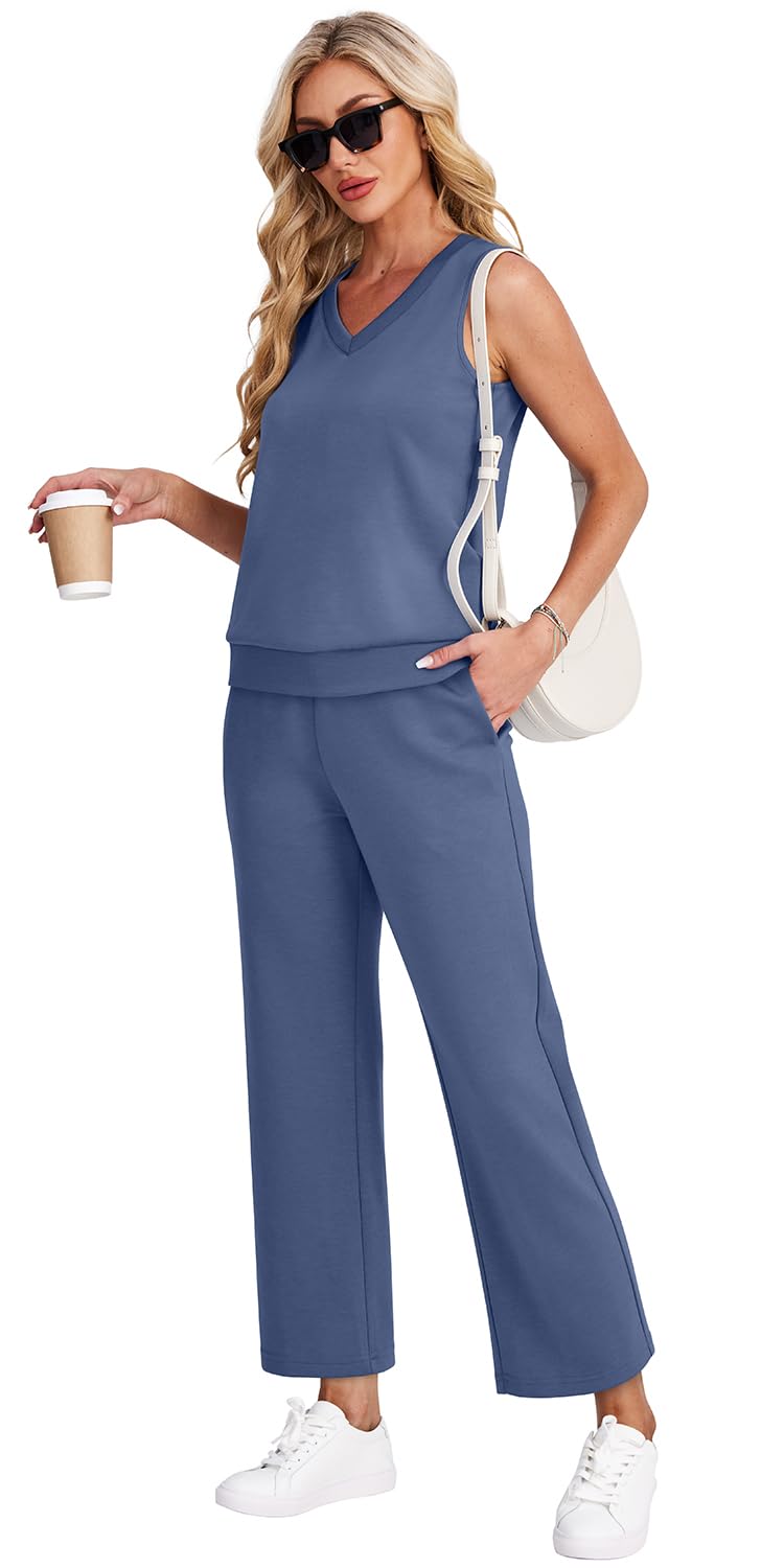 WIHOLL Two Piece Set for Women Summer Outfits Vacation Trendy Lounge Sets V Neck Matching Sets - 7DAY'S