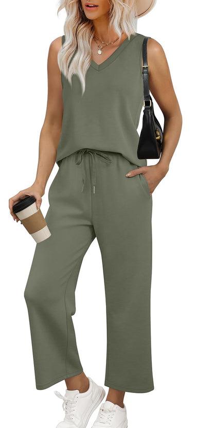 WIHOLL Two Piece Set for Women Summer Outfits Vacation Trendy Lounge Sets V Neck Matching Sets - 7DAY'S