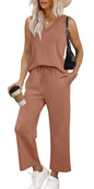 WIHOLL Two Piece Set for Women Summer Outfits Vacation Trendy Lounge Sets V Neck Matching Sets - 7DAY'S
